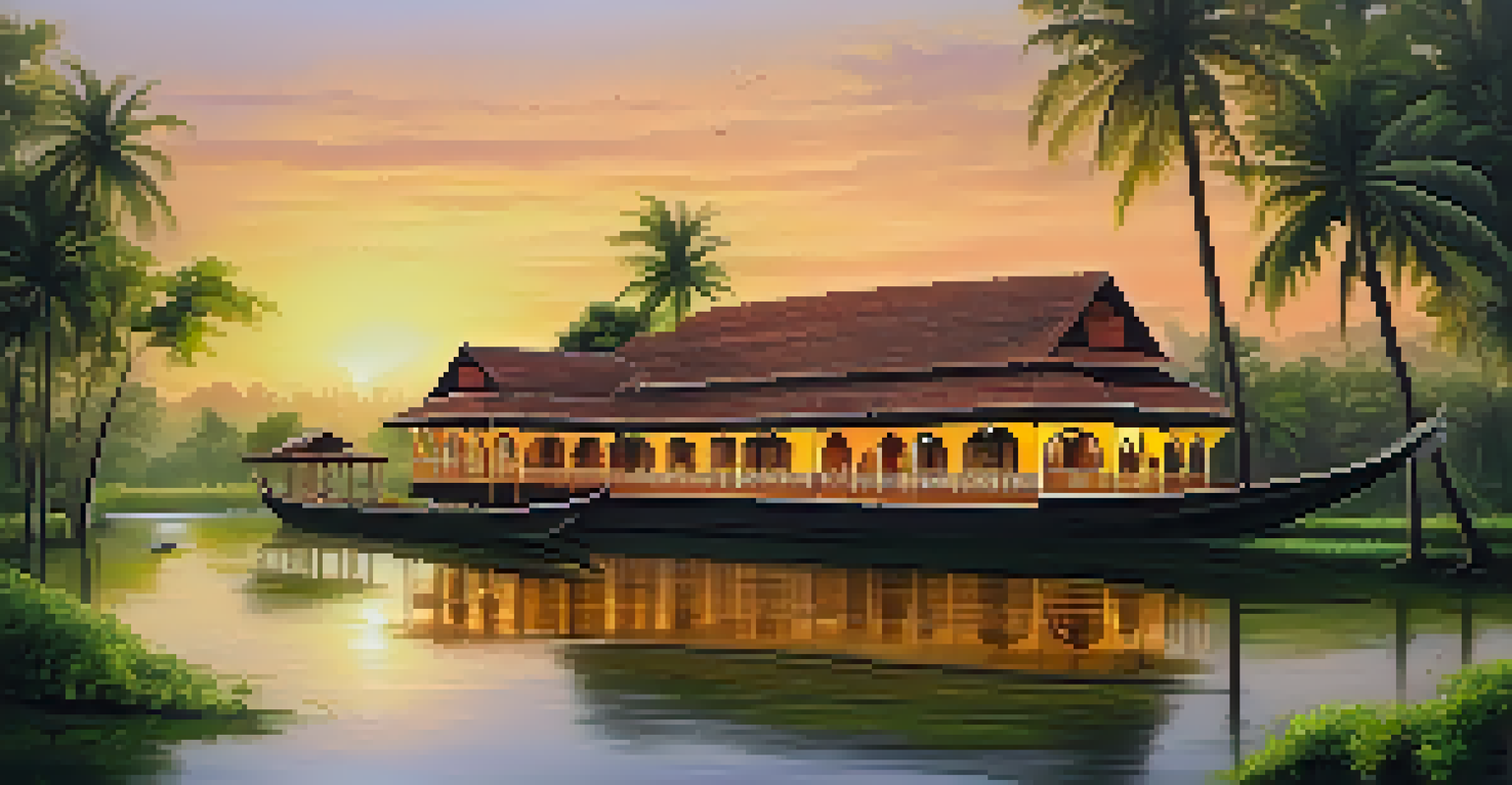 A picturesque heritage hotel in Kerala surrounded by lush greenery and tranquil backwaters, with traditional architecture illuminated by the sunset.