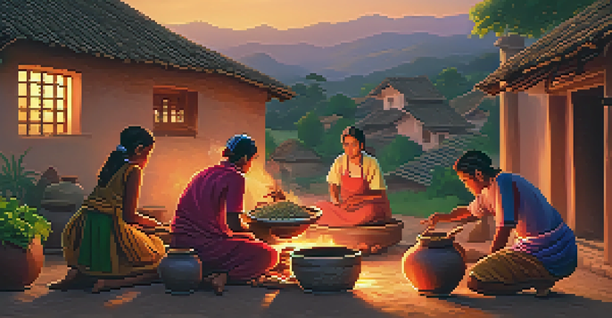 A warm sunset scene of a family cooking together around a clay stove in a village, surrounded by greenery and rustic homes.