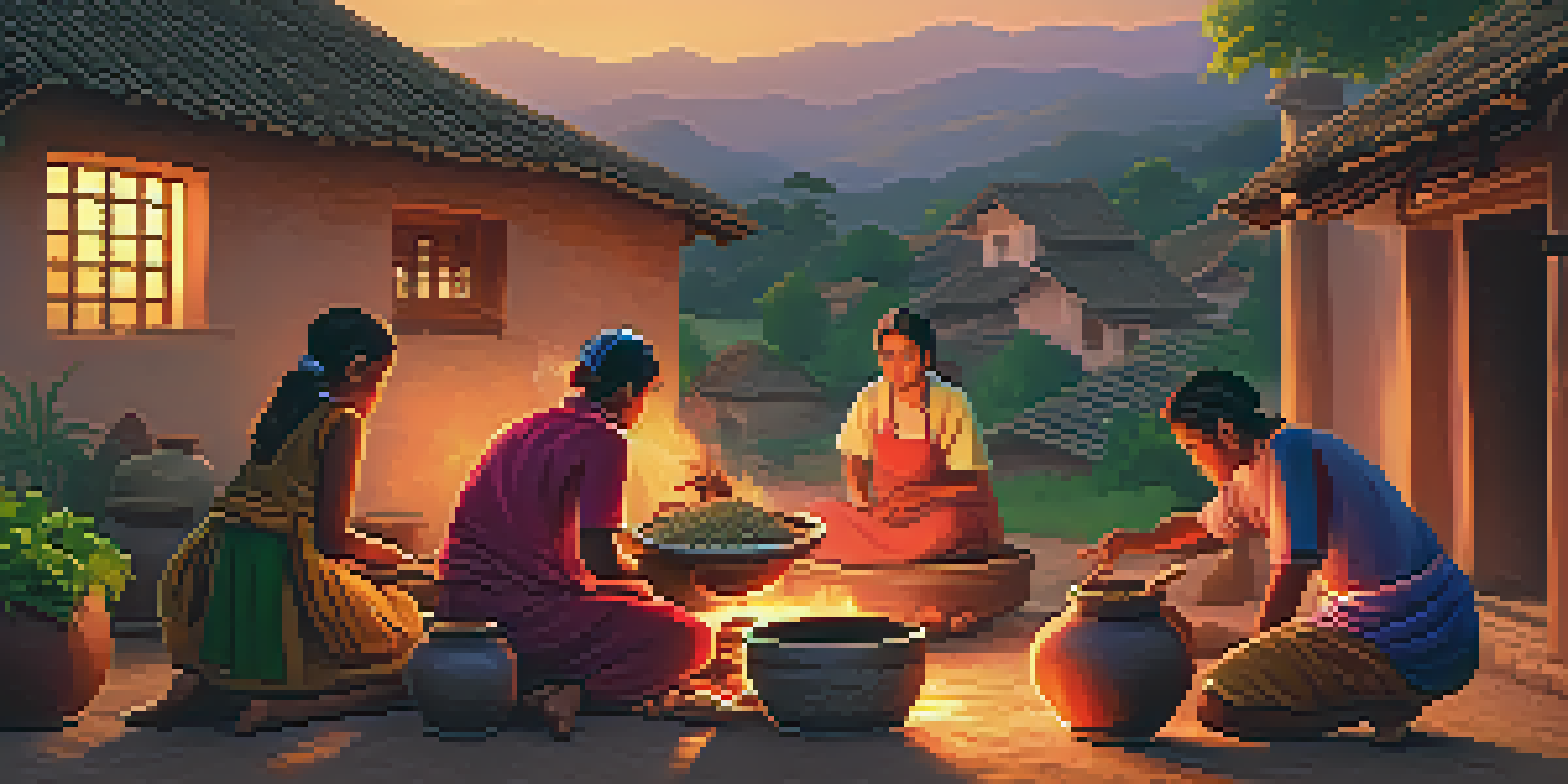 A warm sunset scene of a family cooking together around a clay stove in a village, surrounded by greenery and rustic homes.