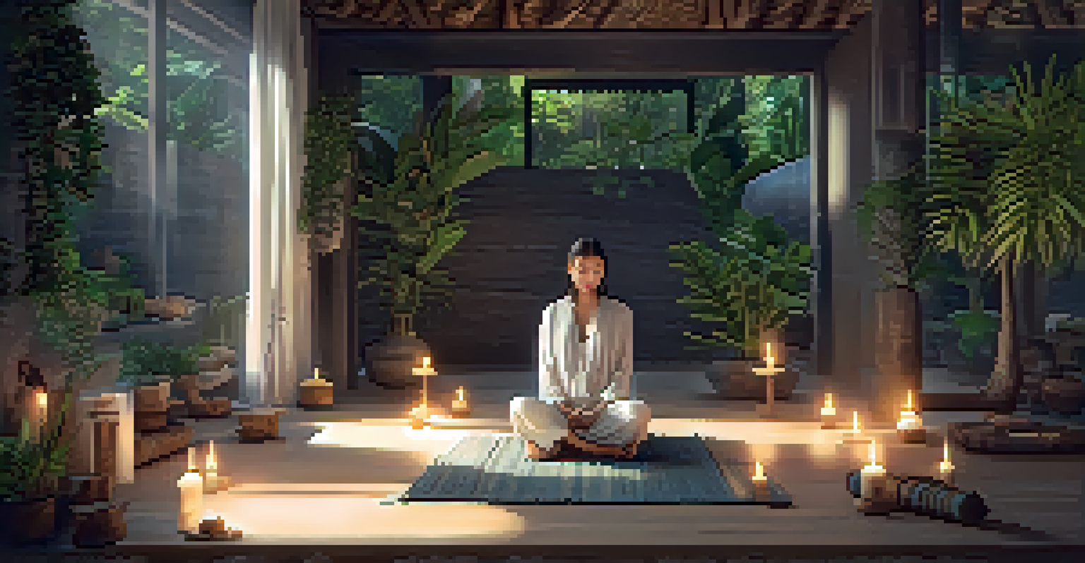 A peaceful indoor meditation space with soft lighting, candles, and a person meditating on the floor surrounded by plants.