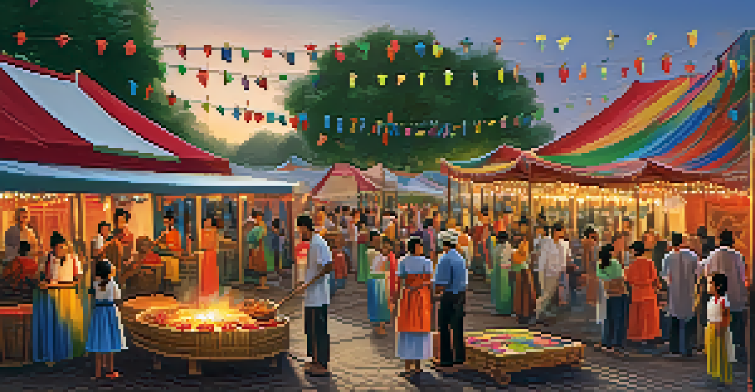 A vibrant cultural festival at a heritage center, with stalls, performances, and families enjoying the festivities under string lights at dusk.