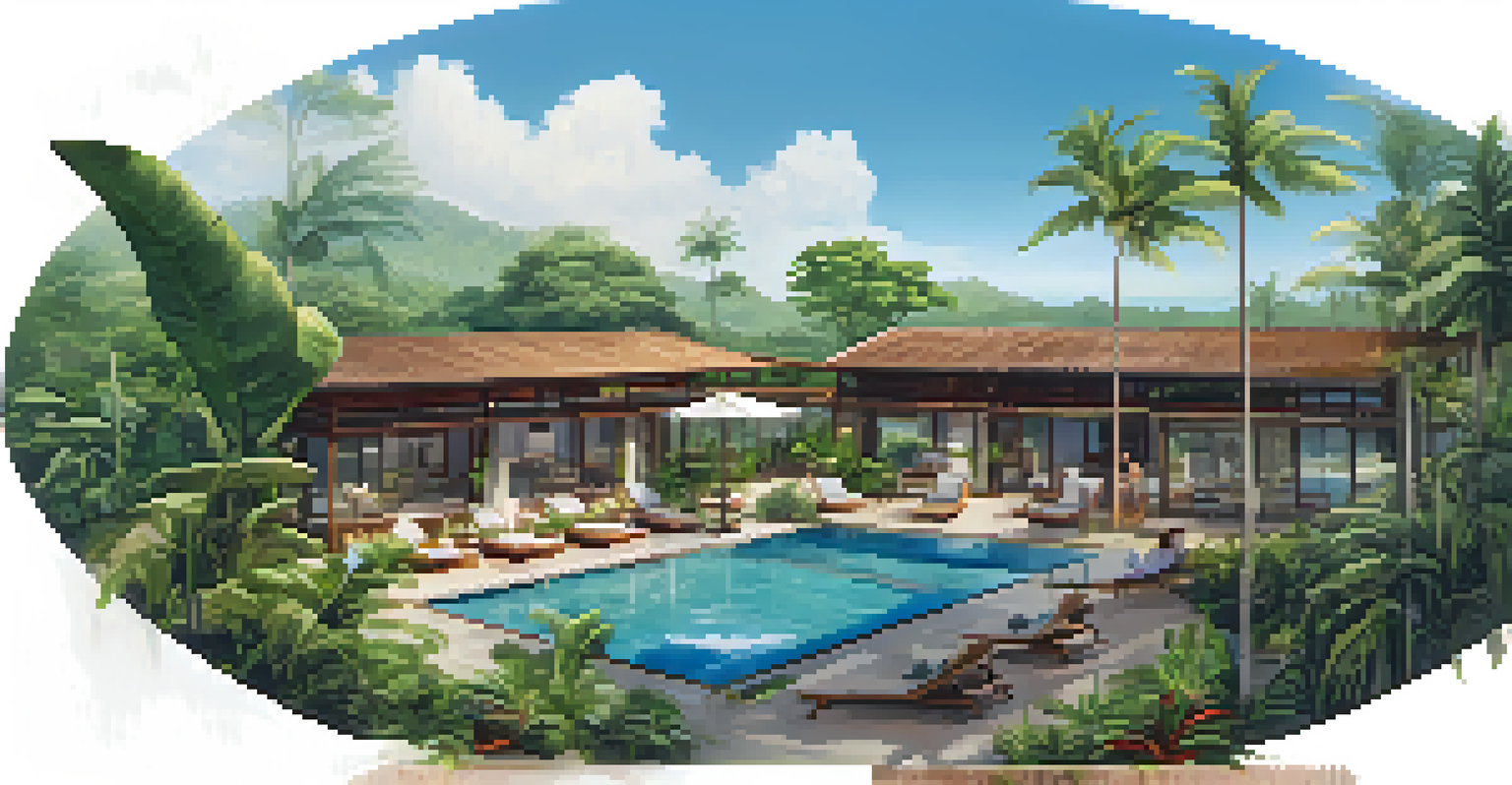 An eco-resort featuring solar panels, tropical plants, and a swimming pool, with guests relaxing and a chef preparing food.