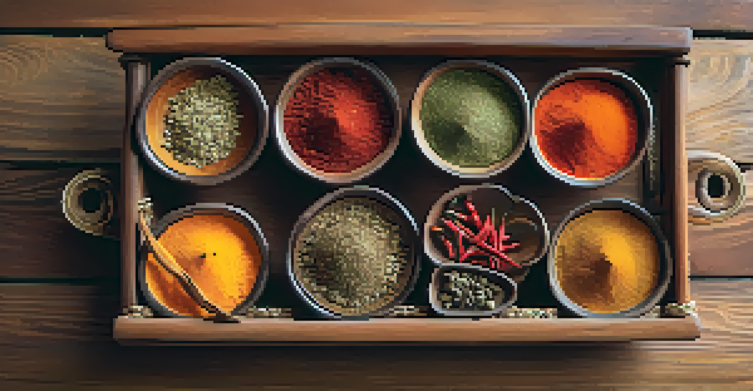An artistic arrangement of various Indian spices in bowls on a wooden table, illuminated by soft natural light.