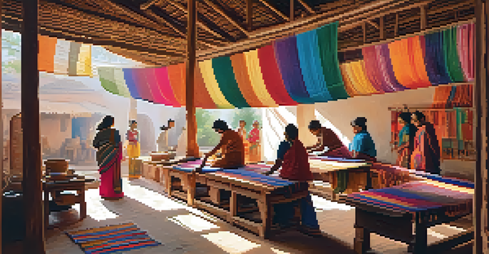 An artisan workshop filled with weavers creating colorful textiles, with sunlight illuminating the vibrant threads and patterns.