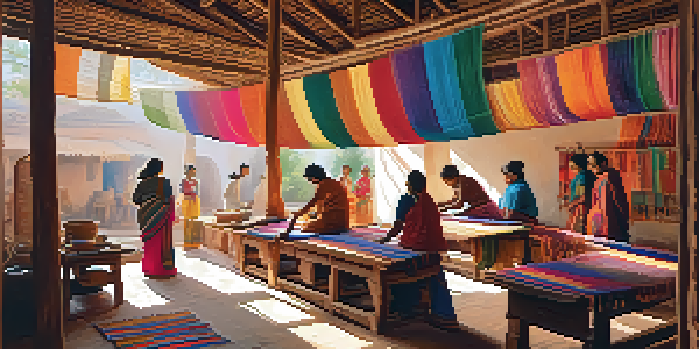 An artisan workshop filled with weavers creating colorful textiles, with sunlight illuminating the vibrant threads and patterns.