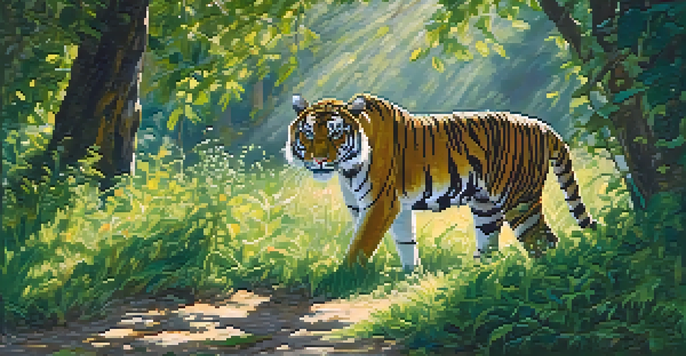 A Bengal tiger walking through lush greenery with sunlight streaming through the trees.