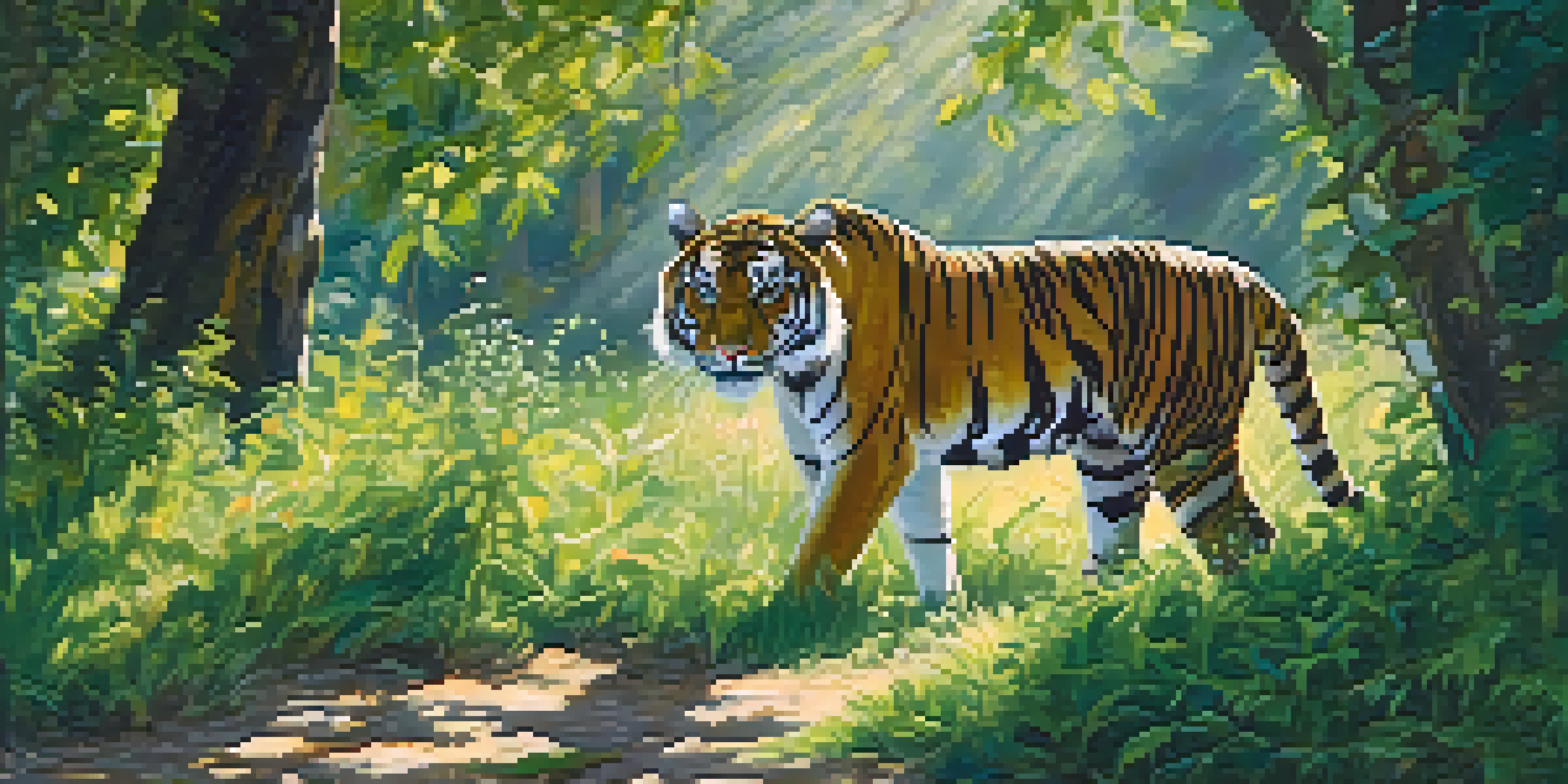 A Bengal tiger walking through lush greenery with sunlight streaming through the trees.