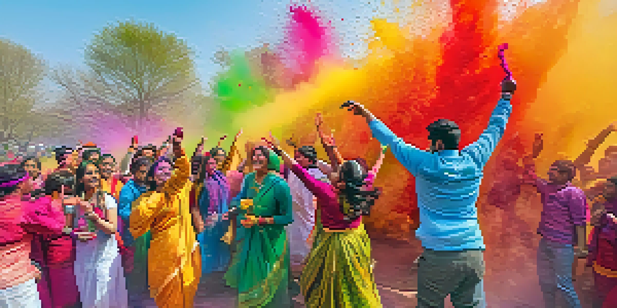 A group of people celebrating Holi, covered in colorful powders, in a sunny park surrounded by blooming flowers.