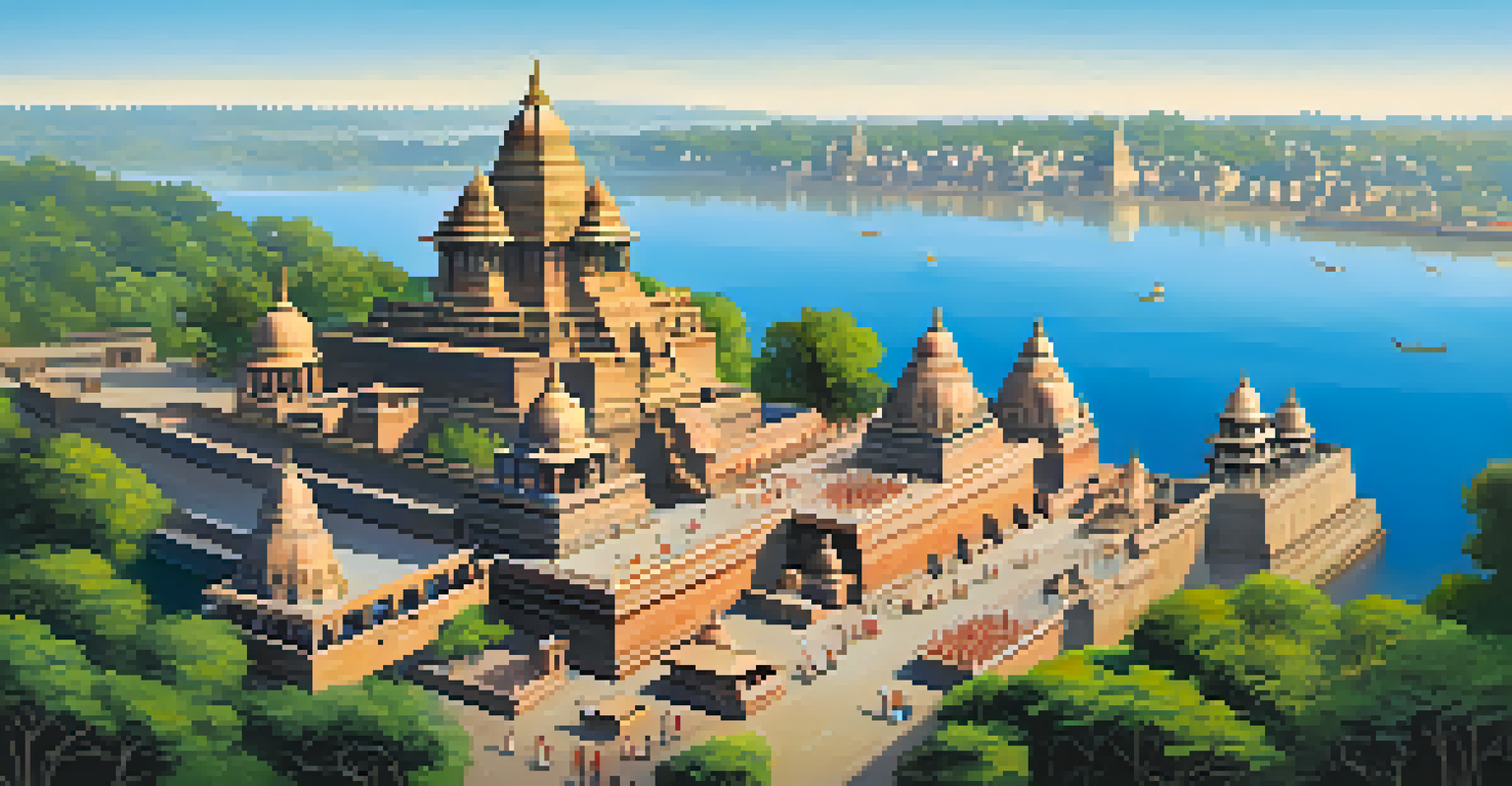 A bird's eye view of Maheshwar with its fort and temples alongside the Narmada River, bustling with festival activities.
