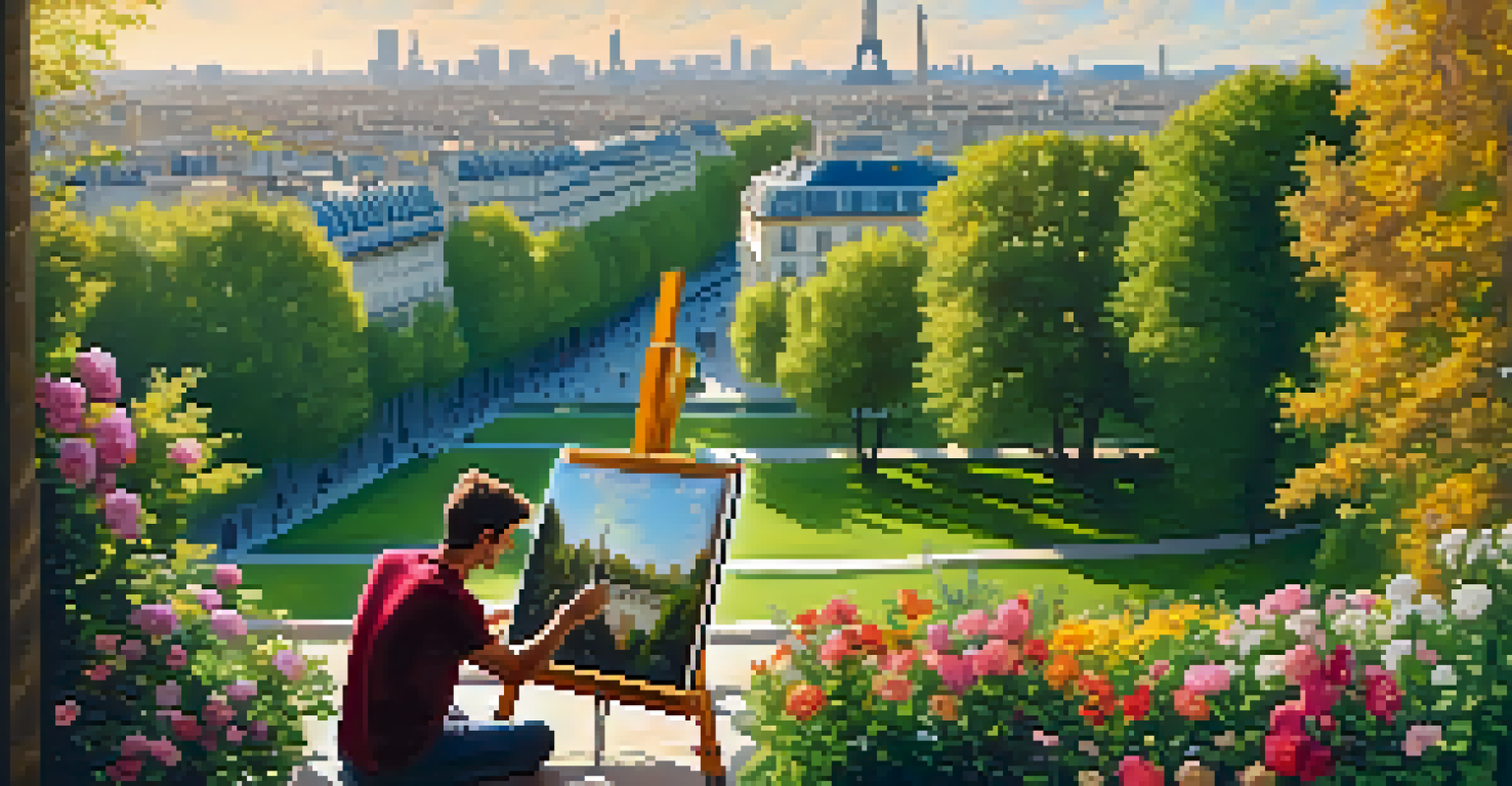 An Australian artist painting in a Parisian park with famous landmarks in the background.
