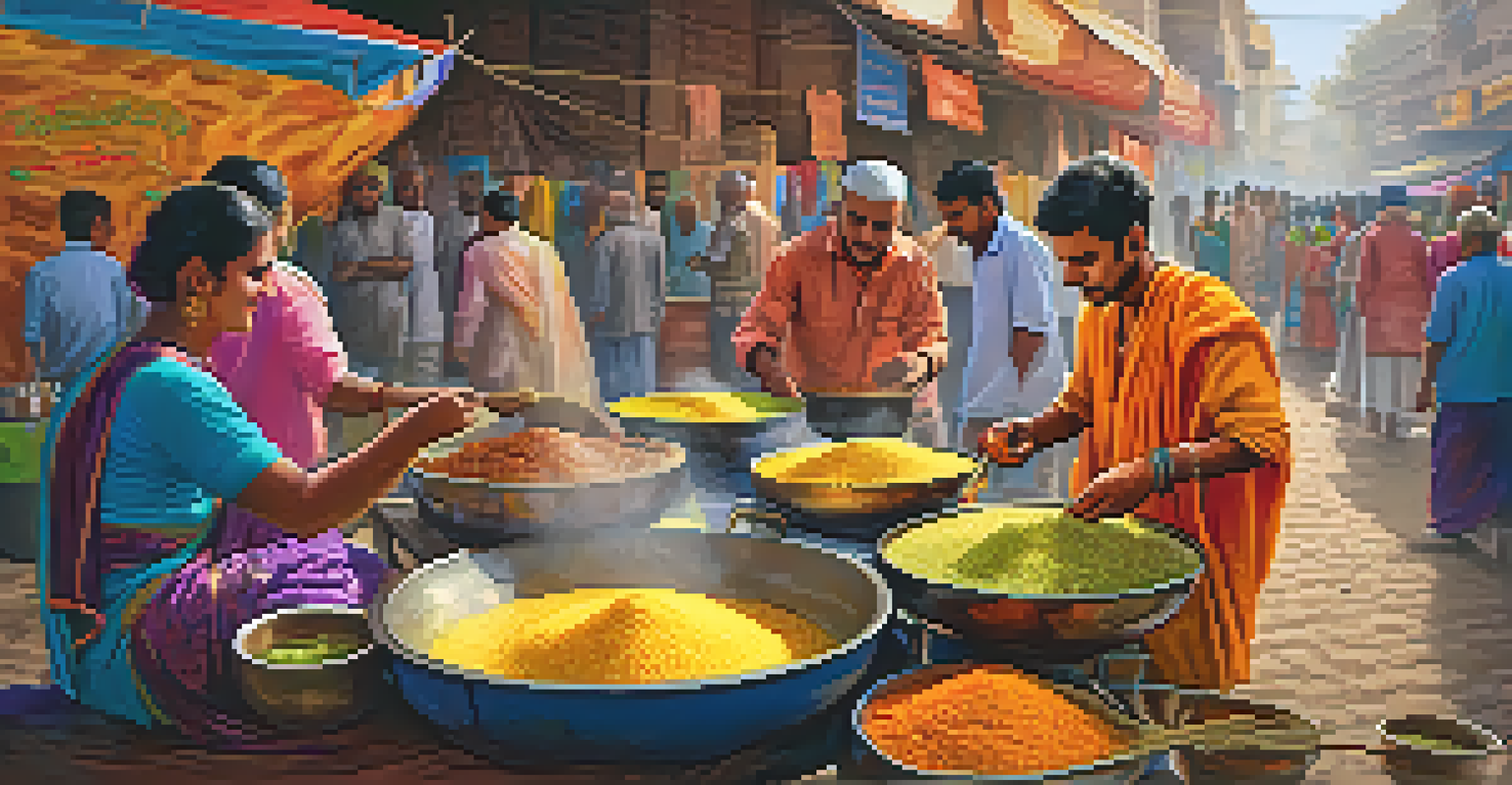 A local vendor preparing Bajra Khichdi in a busy street market in Panipat, surrounded by colorful ingredients.