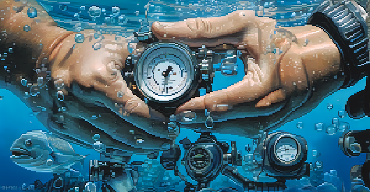 Close-up of a diver's hands checking diving equipment with bubbles in the background.