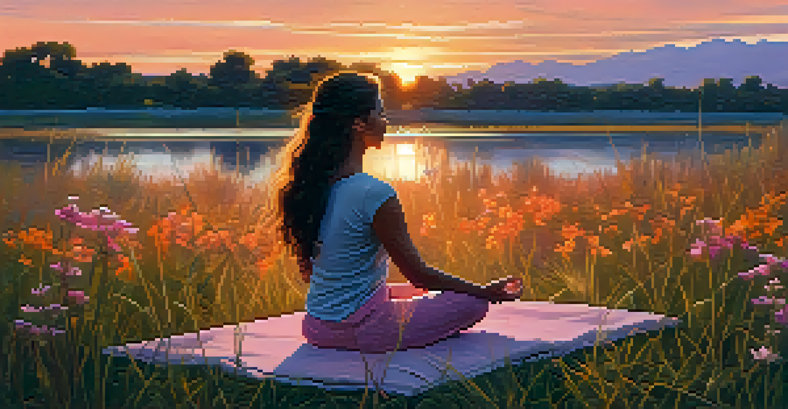 A person meditating outdoors, surrounded by tall grasses and wildflowers, with a sunset backdrop.