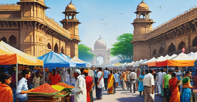 A lively street market in Mumbai with colorful stalls, people shopping, and the Gateway of India in the background.