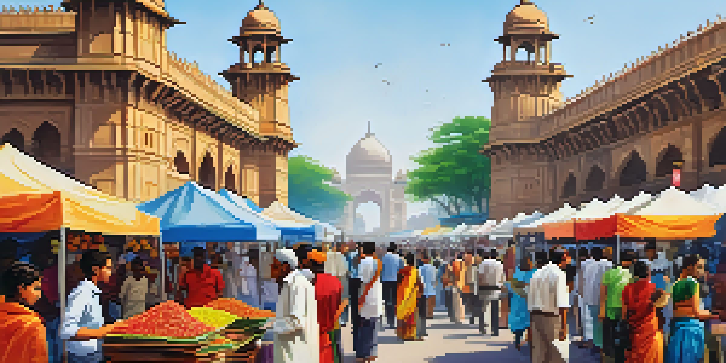A lively street market in Mumbai with colorful stalls, people shopping, and the Gateway of India in the background.