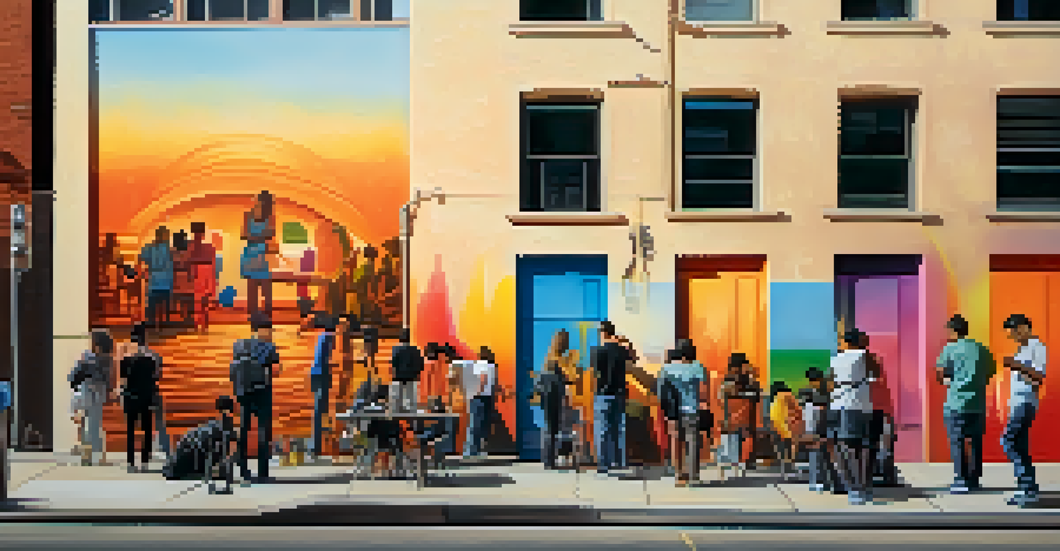 A colorful street mural with people admiring it, reflecting local culture and creativity in an urban environment.