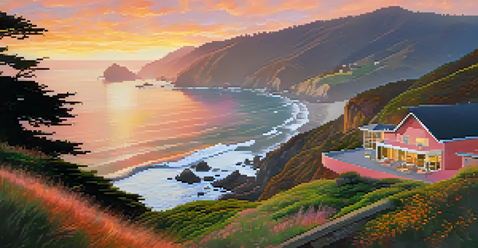 A picturesque sunset view of the Esalen Institute in Big Sur, California, with yoga practitioners on a grassy terrace and natural hot springs in the background.