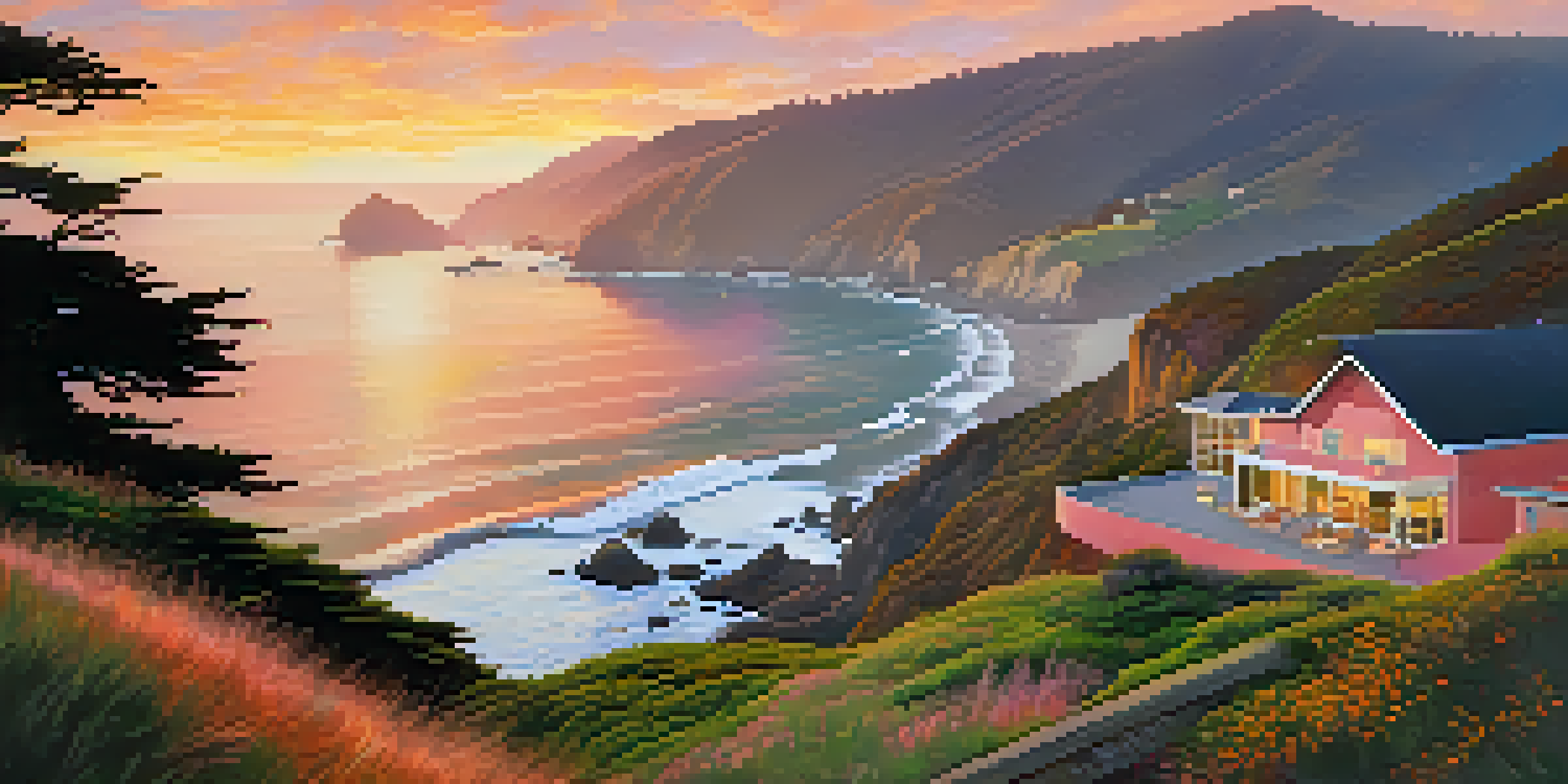 A picturesque sunset view of the Esalen Institute in Big Sur, California, with yoga practitioners on a grassy terrace and natural hot springs in the background.