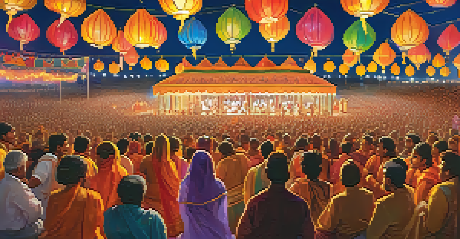 Traditional dancers performing at Kumbh Mela, with a vibrant audience and colorful decorations in the background.