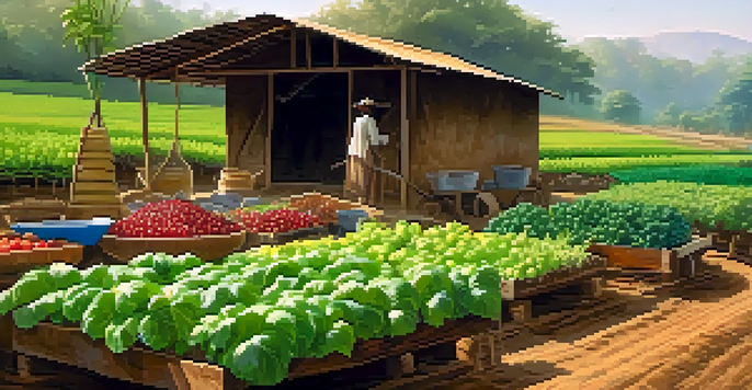 A colorful organic farm in India with a variety of crops and a farmer working in warm sunlight.