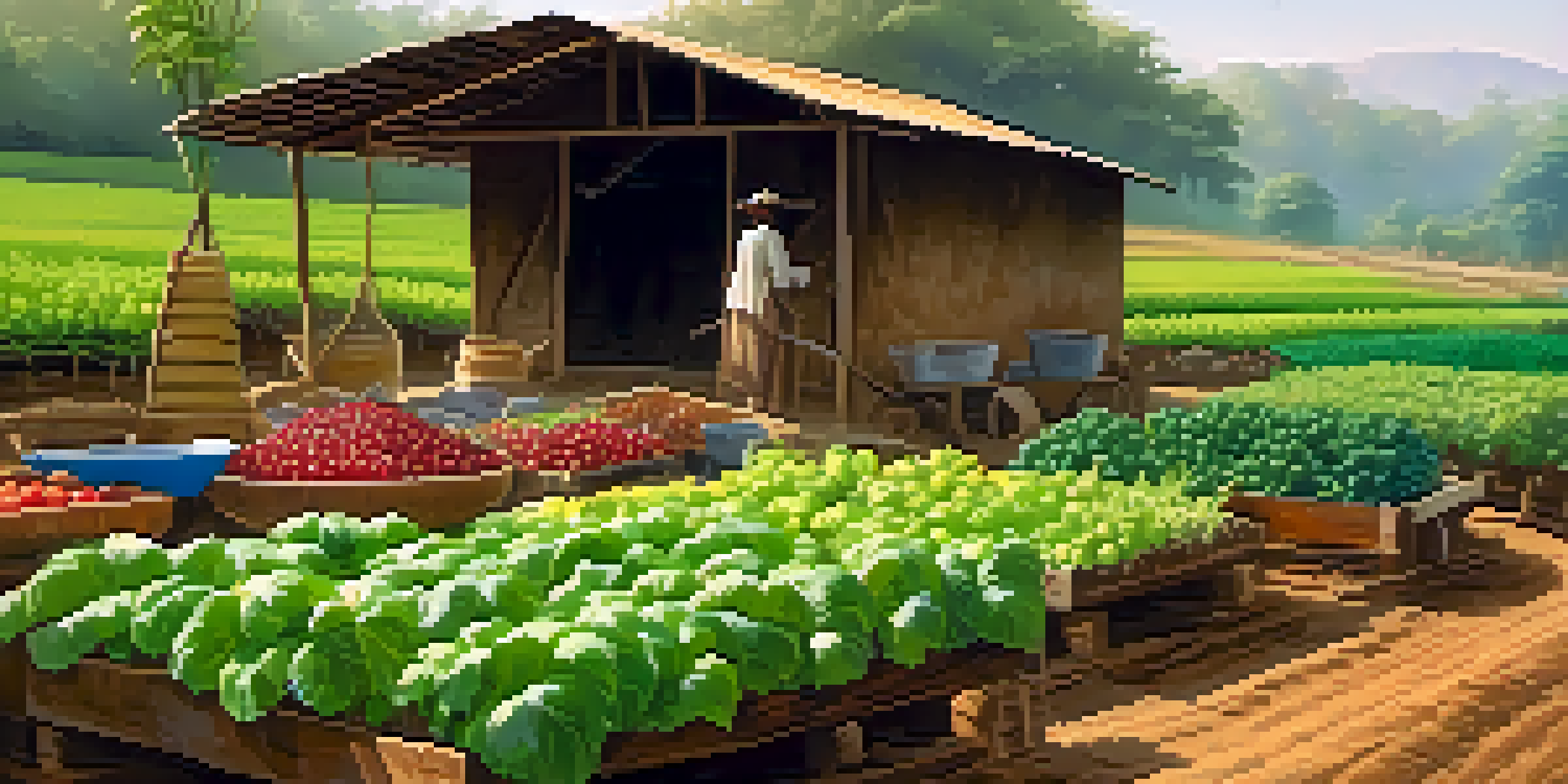 A colorful organic farm in India with a variety of crops and a farmer working in warm sunlight.