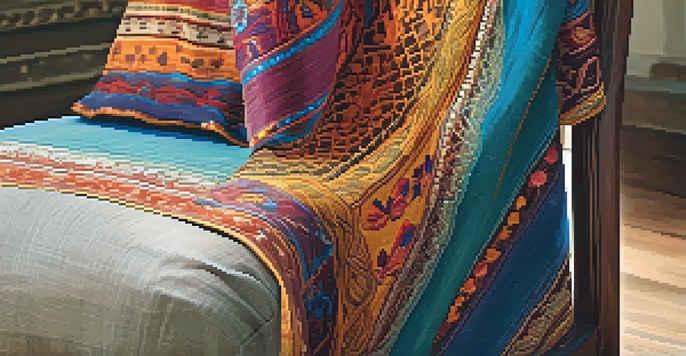 A detailed view of colorful Indian textile with intricate patterns on a wooden chair, illuminated by soft natural light.