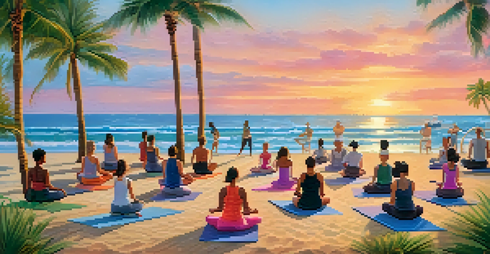 Participants practicing yoga on a beach at sunrise, with pastel colors in the sky and palm trees surrounding them.