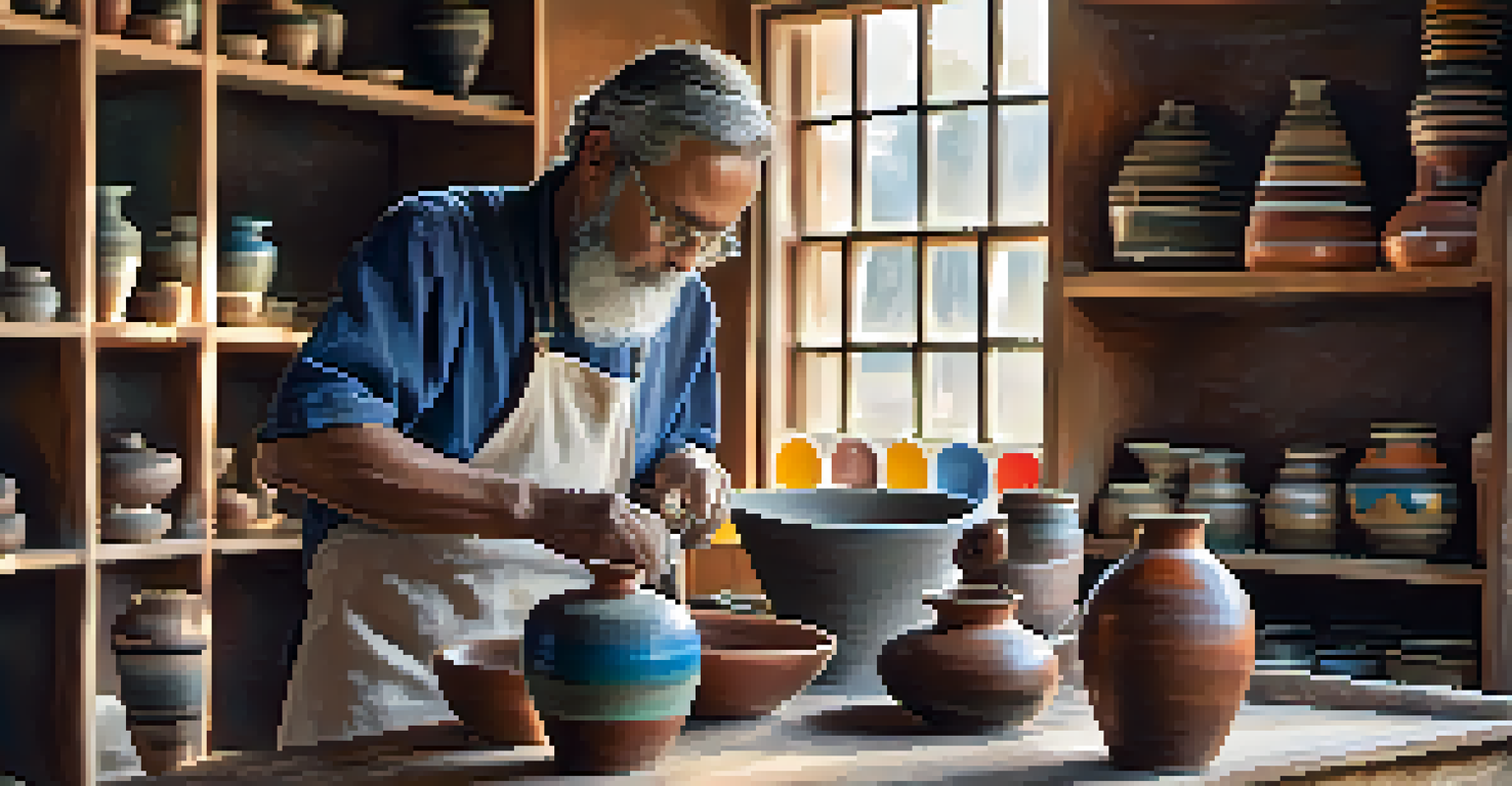 An artisan glazing a handmade vase in a workshop filled with unique pottery items.