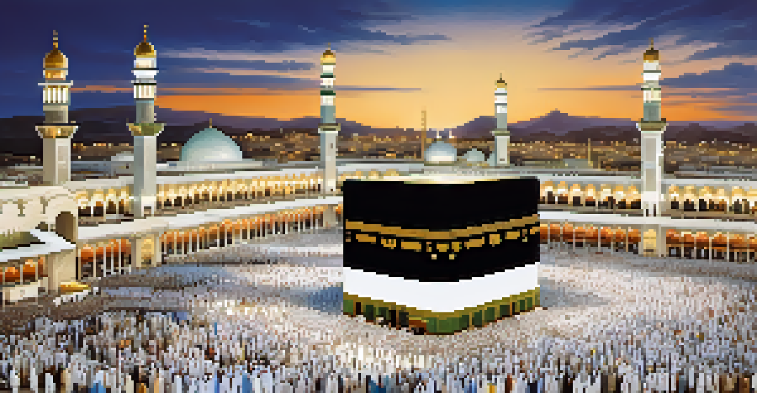 Thousands of Muslim pilgrims in white robes circling the Kaaba in Mecca, surrounded by the illuminated Grand Mosque at twilight.
