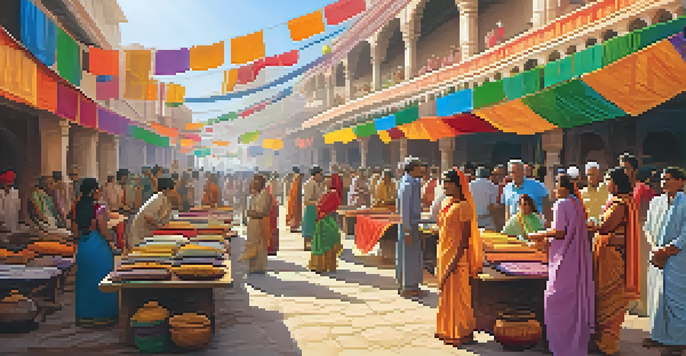 A bustling Indian cultural festival with artisans showcasing their crafts and a lively crowd enjoying the event.