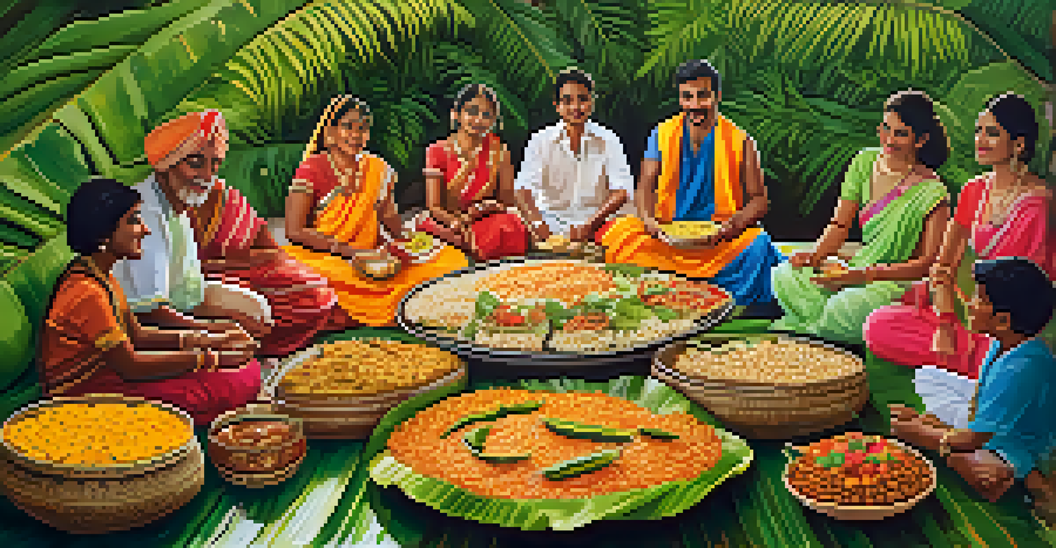 A festive Indian feast displayed on banana leaves, with families enjoying traditional dishes and sweets, surrounded by decorations.