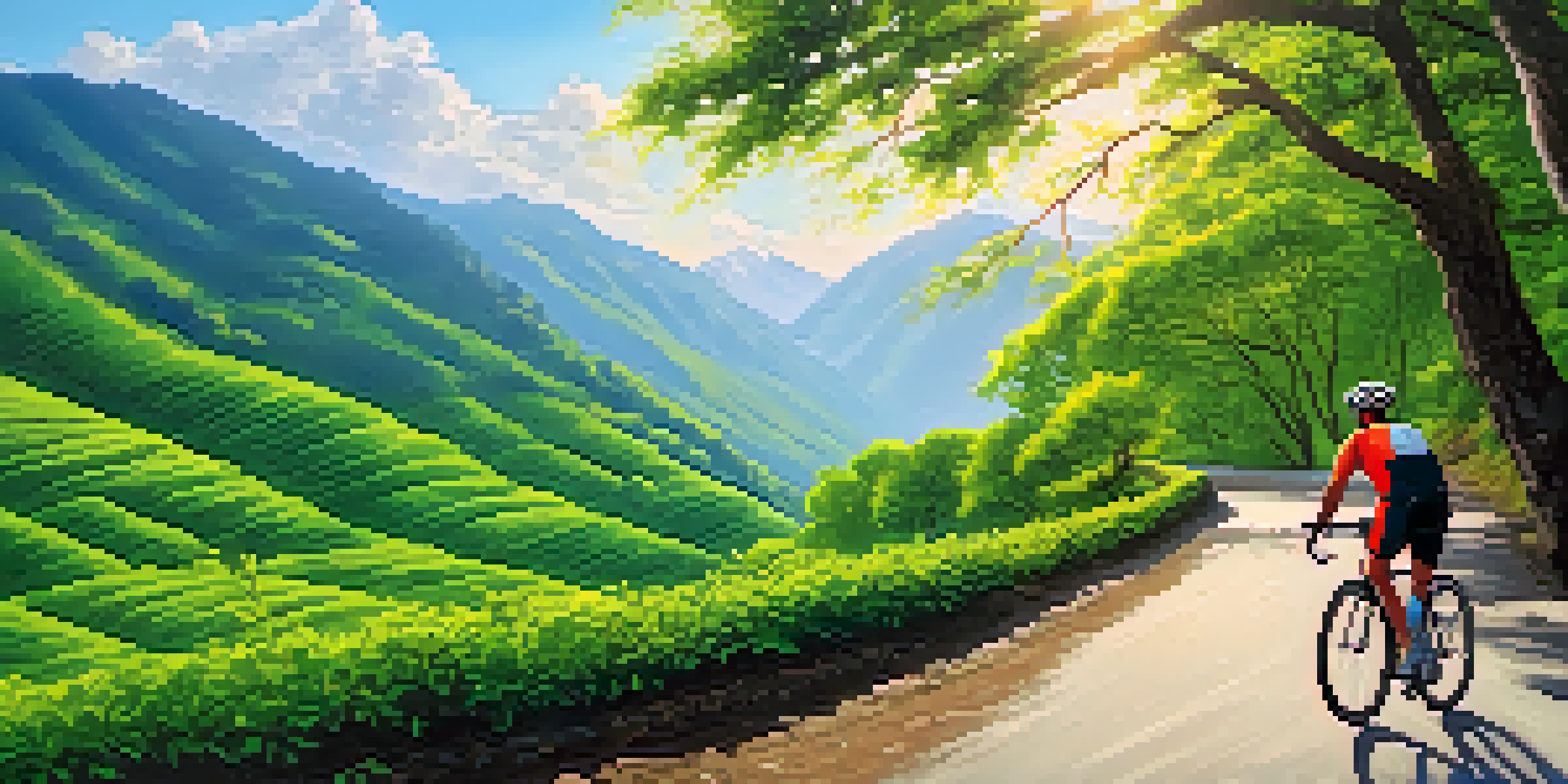 A cyclist riding through a green valley in Uttarakhand with the Himalayas in the background, illuminated by warm sunlight and fluffy clouds.