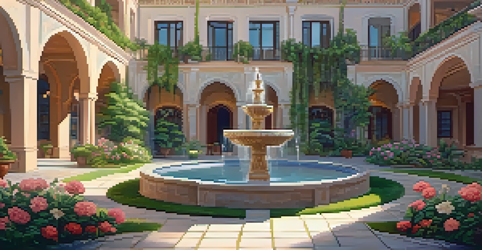 A tranquil courtyard of a heritage hotel with a tiled fountain, lush greenery, and ornate traditional architecture, illuminated by soft golden sunlight.