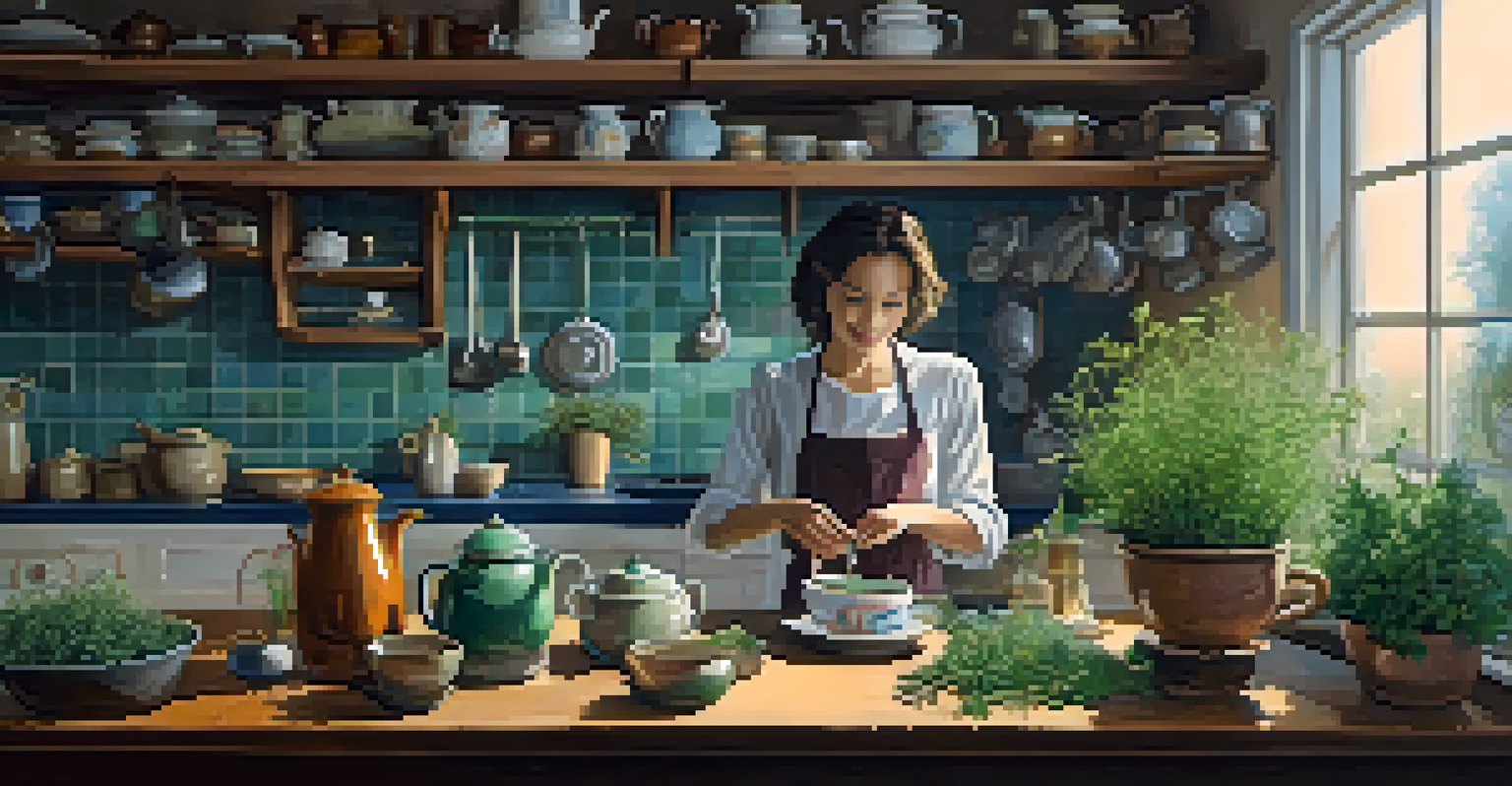 A cozy kitchen scene showing a person pouring hot water over fresh herbs in a teapot, with a warm and inviting ambiance.