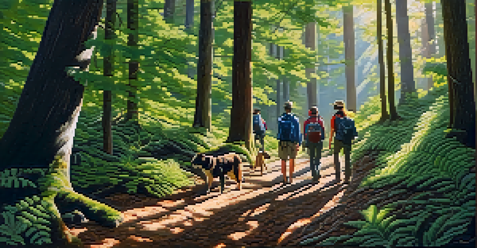 A group of travelers hiking in a lush forest, engaging with wildlife and enjoying nature.