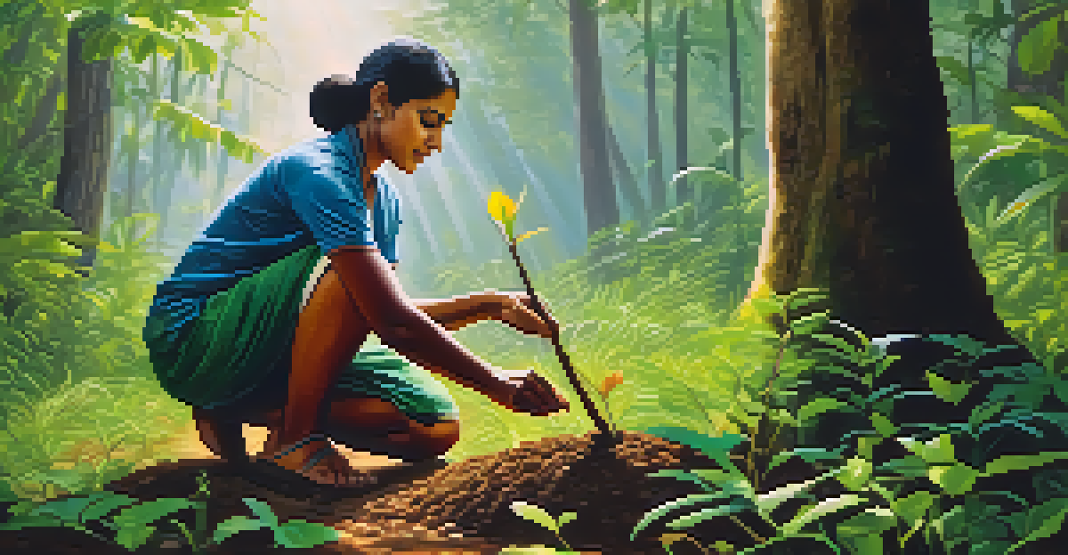 A volunteer plants a tree sapling in a lush Indian forest, surrounded by diverse plants and sunlight filtering through the trees, symbolizing environmental conservation.