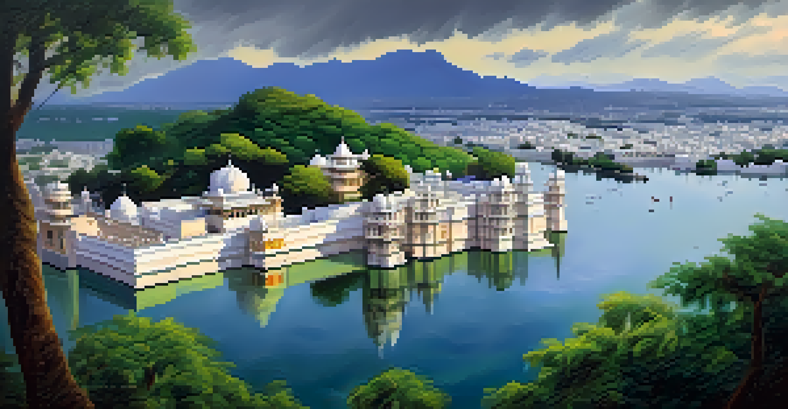 An aerial view of Udaipur showcasing its lakes and the City Palace during the monsoon season.