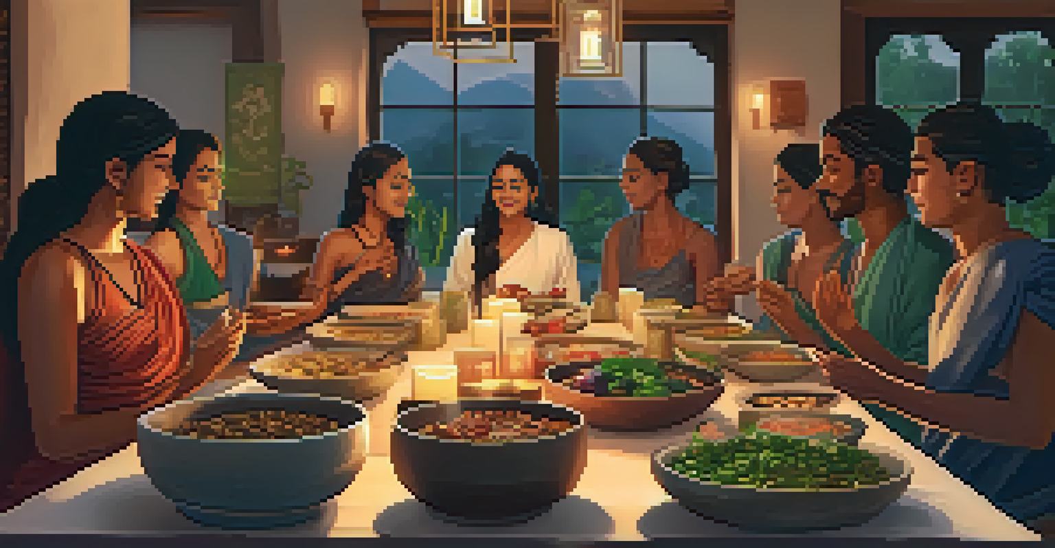 A diverse group of people enjoying a communal meal at an Ayurvedic retreat, practicing mindful eating.