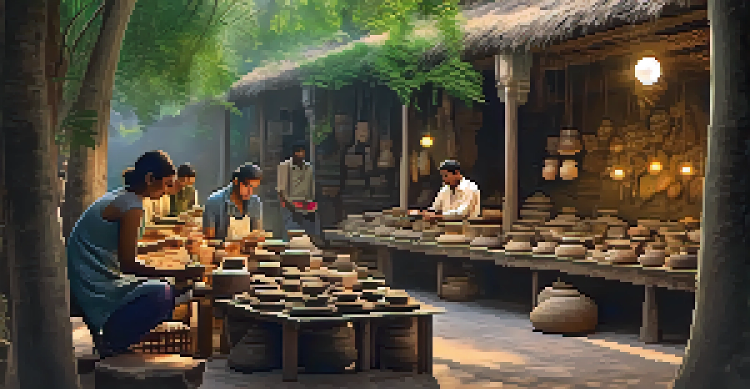 A calm crafts fair with artisans creating eco-friendly art using natural materials, surrounded by greenery.