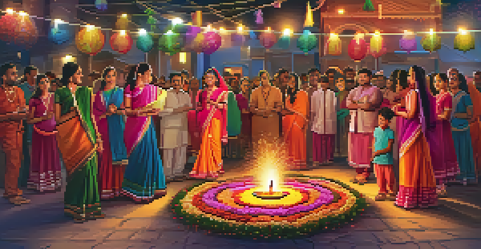 An illustration of families celebrating Diwali, wearing colorful clothes, with homes decorated with lights and rangoli patterns, and fireworks in the sky.