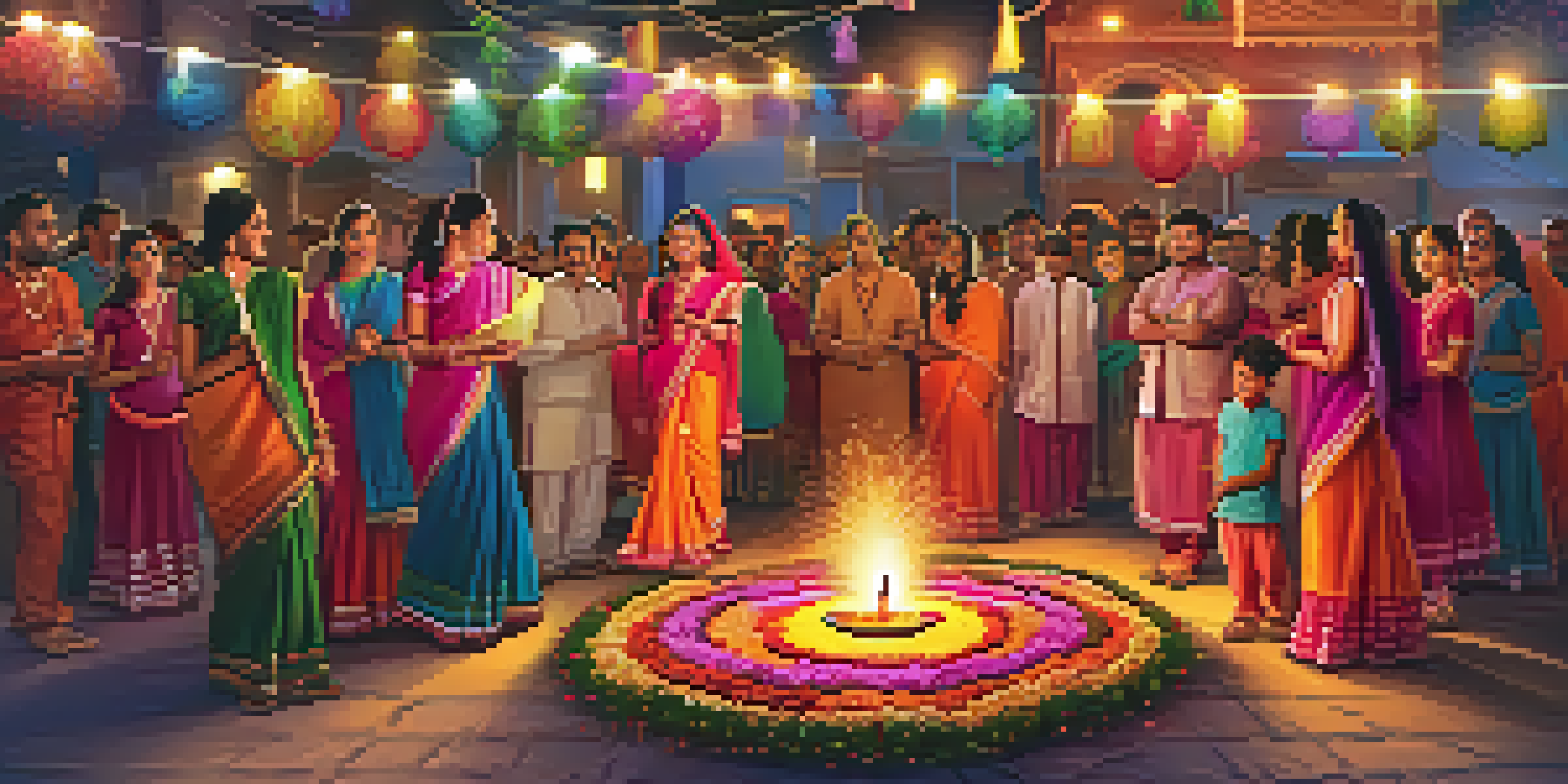 An illustration of families celebrating Diwali, wearing colorful clothes, with homes decorated with lights and rangoli patterns, and fireworks in the sky.