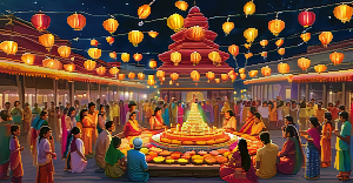 A lively Diwali celebration with families in traditional clothing, colorful lanterns, and fireworks in the night sky, alongside a lit temple.