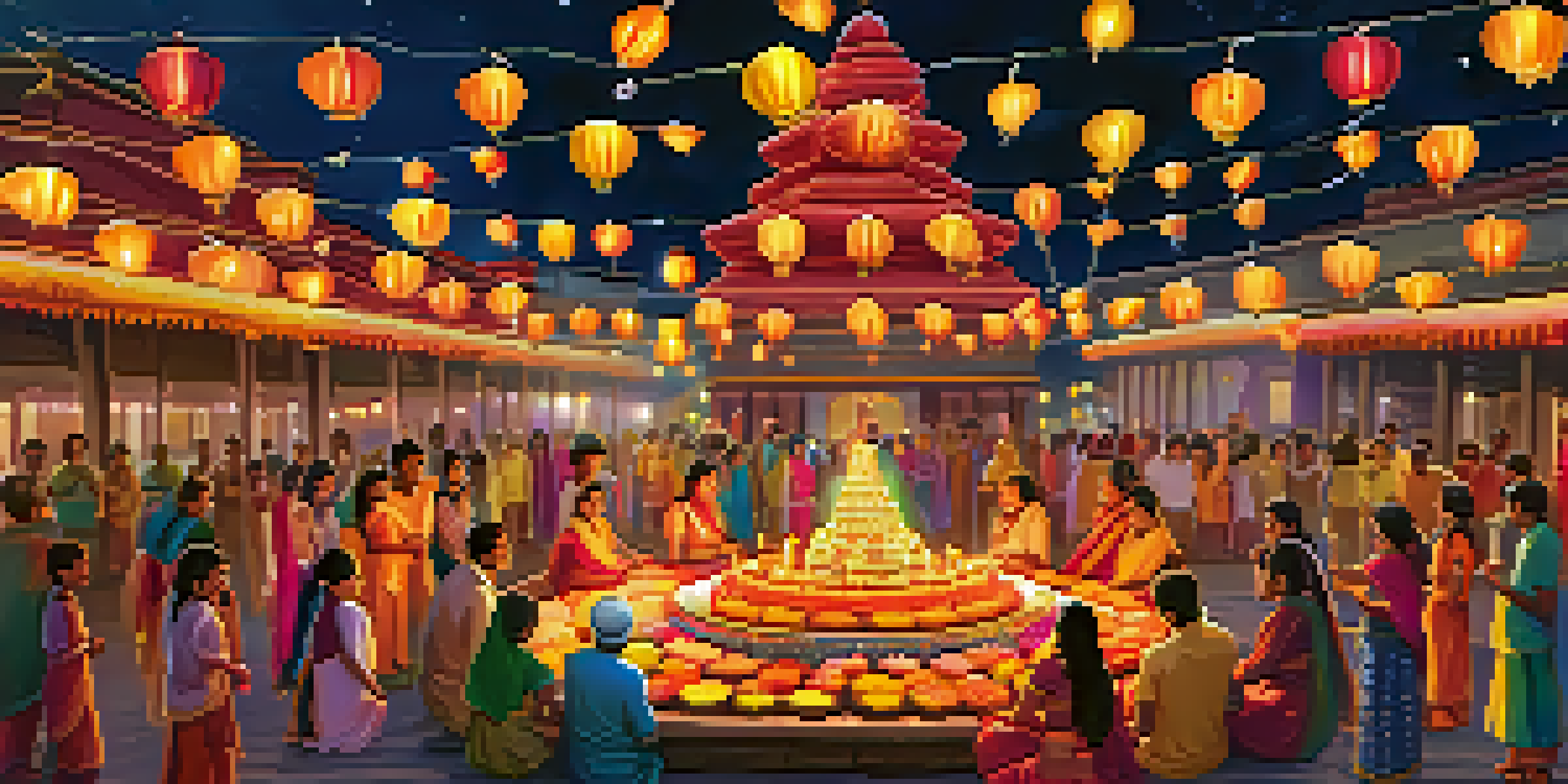 A lively Diwali celebration with families in traditional clothing, colorful lanterns, and fireworks in the night sky, alongside a lit temple.