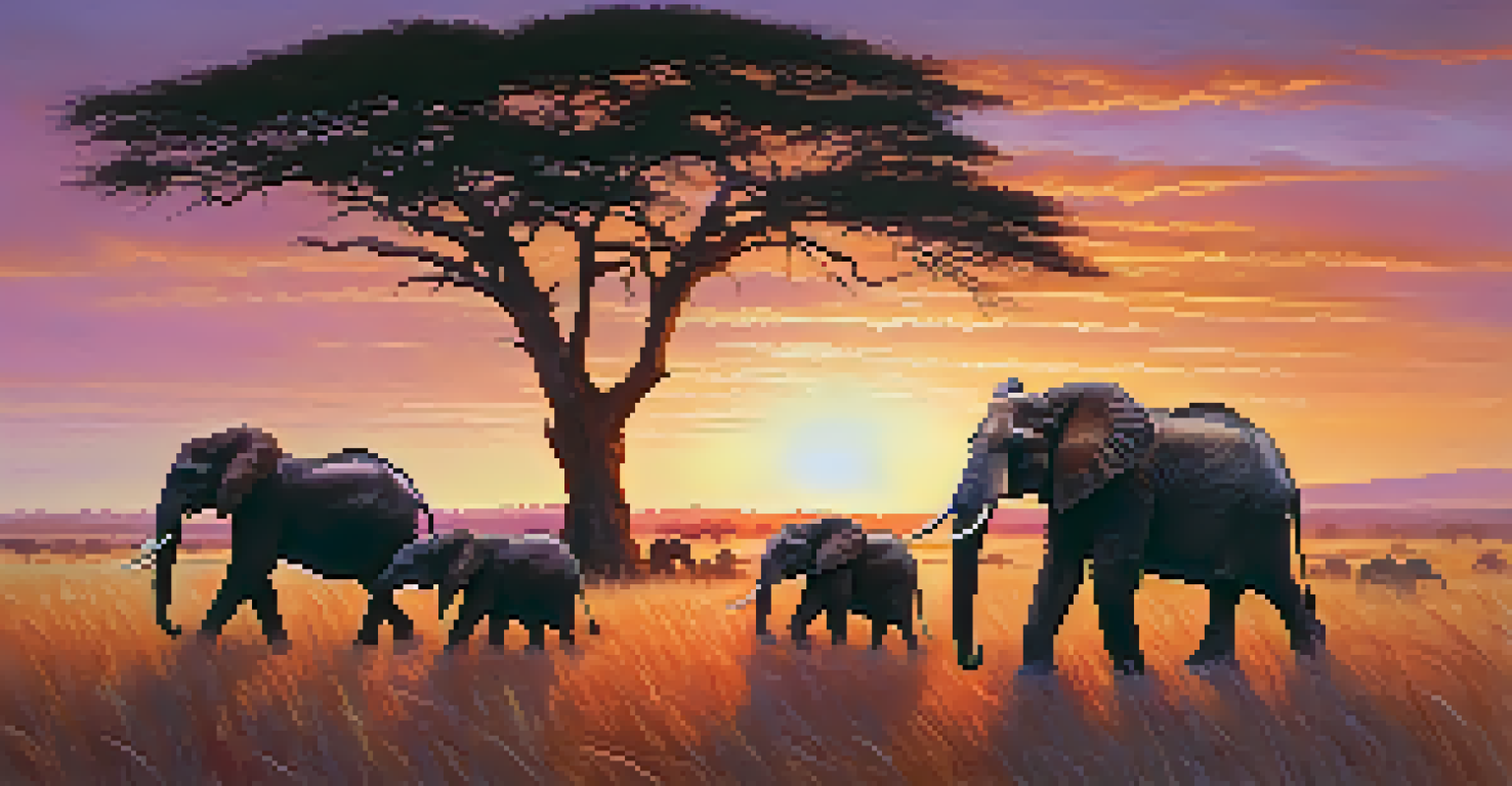 Elephants walking in the savanna at sunset, with a colorful sky behind them.