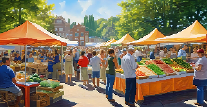A lively local food festival with colorful booths, fresh produce, and smiling attendees sampling food under dappled sunlight.