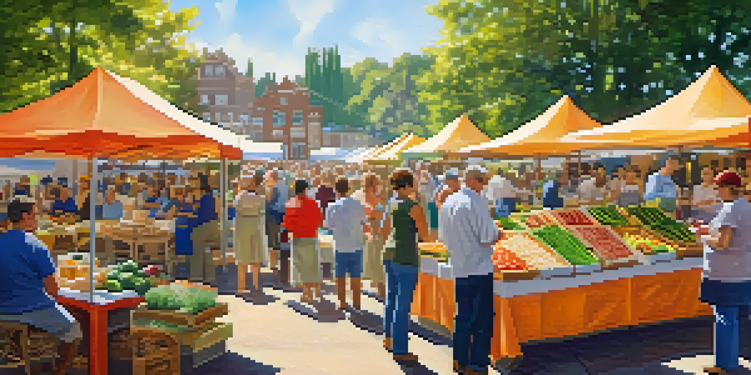 A lively local food festival with colorful booths, fresh produce, and smiling attendees sampling food under dappled sunlight.