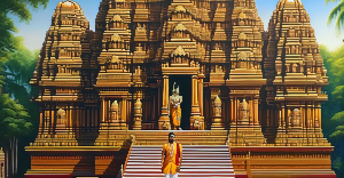 A reenactor portraying Raja Raja Chola in front of a beautifully carved temple, surrounded by greenery and warm sunlight.