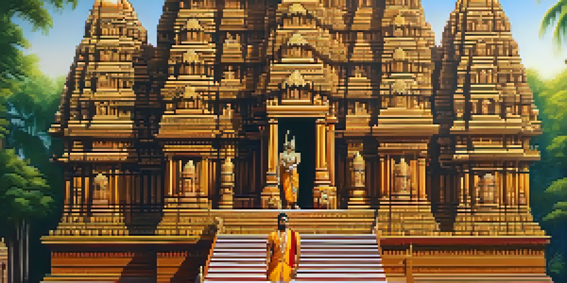 A reenactor portraying Raja Raja Chola in front of a beautifully carved temple, surrounded by greenery and warm sunlight.