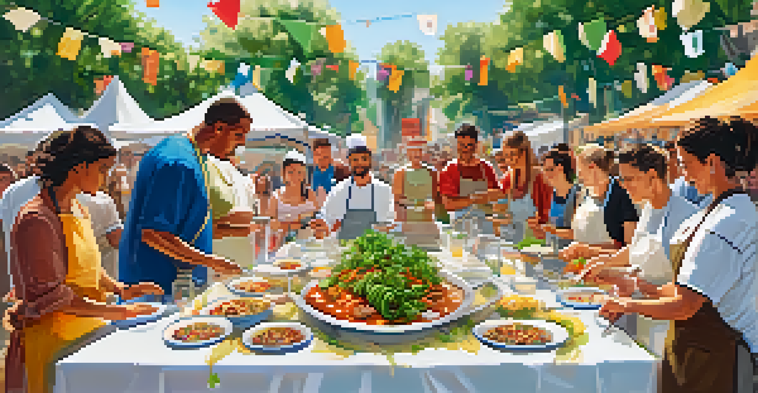 A cooking workshop at a food festival with participants learning from a chef, surrounded by local ingredients and vibrant decorations.