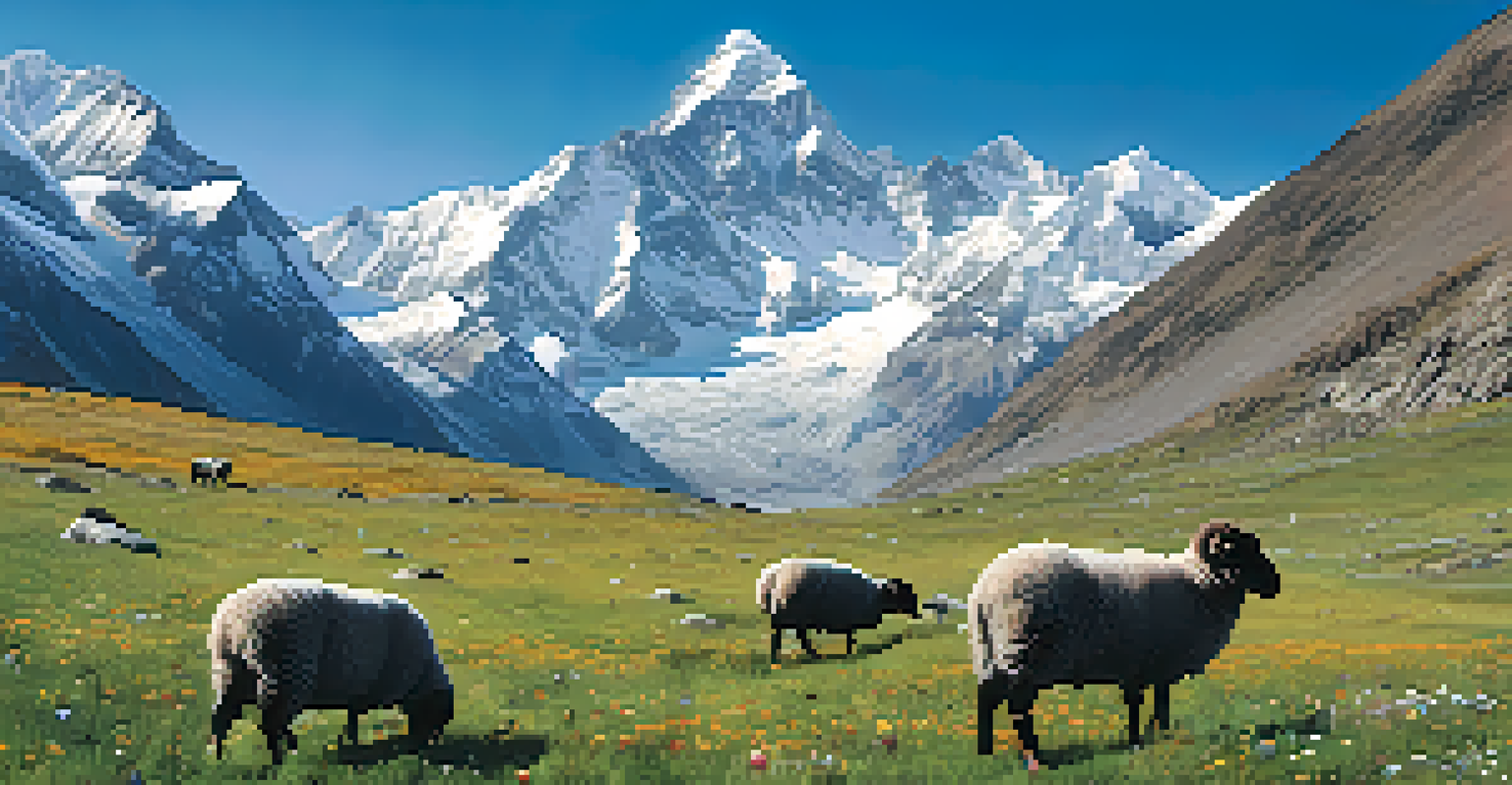 A panoramic view of a colorful alpine meadow in the Himalayas with blooming wildflowers and grazing blue sheep against a backdrop of rugged mountains.